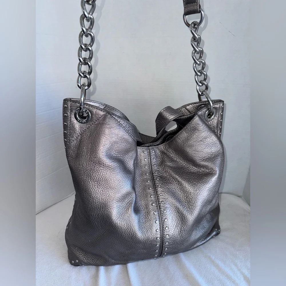 Michael Kors Metallic Gray Leather Studded Chain Strap Satchel Shoulder Bag